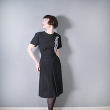 Load image into Gallery viewer, 40s BLACK RAYON DRESS WITH WHITE SEQUIN FEATHER EMBELLISHMENT - M