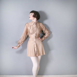 60s GOLDEN PALE BROWN PLEATED PARTY MINI DRESS WITH BEAGLE COLLAR - S