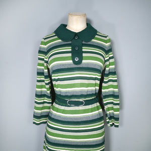 60s 70s GREEN STRIPE PONTE KNIT SHIFT DRESS WITH PETER PAN COLLAR - S