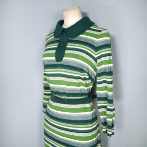 60s 70s GREEN STRIPE PONTE KNIT SHIFT DRESS WITH PETER PAN COLLAR - S
