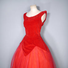 Load image into Gallery viewer, 50s SPECTACULAR RED NET AND VELVET PETAL PEPLUM FULL SKIRT PARTY DRESS - XS