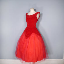 Load image into Gallery viewer, 50s SPECTACULAR RED NET AND VELVET PETAL PEPLUM FULL SKIRT PARTY DRESS - XS