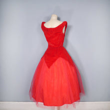 Load image into Gallery viewer, 50s SPECTACULAR RED NET AND VELVET PETAL PEPLUM FULL SKIRT PARTY DRESS - XS