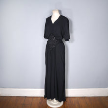 Load image into Gallery viewer, 40s BLACK CREPE SEQUIN EMBELLISHED GOTHIC EVENING MAXI DRESS - L / volup
