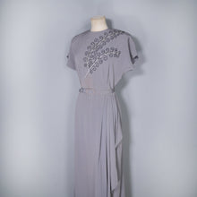 Load image into Gallery viewer, 40s DUBARRY GREY RAYON MAXI DRESS WITH FEATHER SEQUIN AND BEADS - S