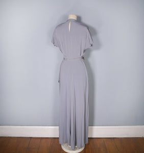 40s DUBARRY GREY RAYON MAXI DRESS WITH FEATHER SEQUIN AND BEADS - S
