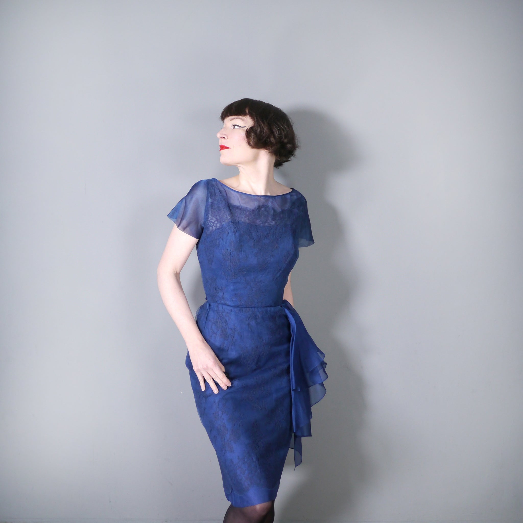 50s BLUE LACE COCKTAIL WIGGLE DRESS WITH HIP WATERFALL DRAPE S Sartorial Matters