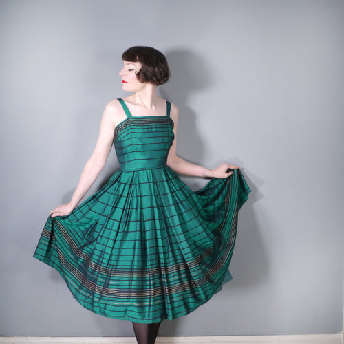 50s 60s GREEN BLACK AND GOLD STRIPE FULL SKIRTED PARTY DRESS - S