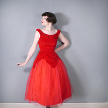 Load image into Gallery viewer, 50s SPECTACULAR RED NET AND VELVET PETAL PEPLUM FULL SKIRT PARTY DRESS - XS