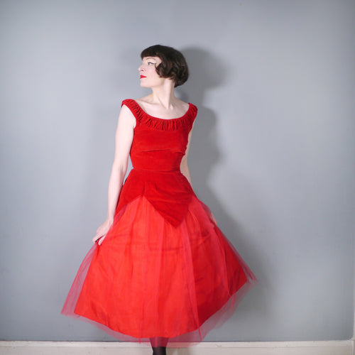 50s SPECTACULAR RED NET AND VELVET PETAL PEPLUM FULL SKIRT PARTY DRESS - XS