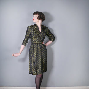 40s 50s BLACK AND GOLD FITTED STAR BROCADE DRESS - S