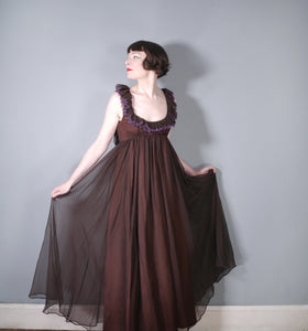 JEAN VARON BROWN CHIFFON MAXI DRESS WITH SCOOP NECK AND BACKLESS DESIGN - XS-S