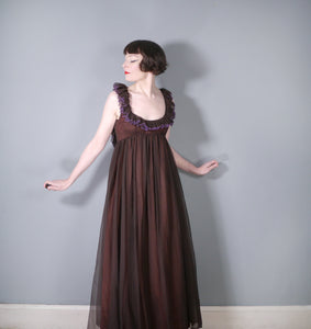 JEAN VARON BROWN CHIFFON MAXI DRESS WITH SCOOP NECK AND BACKLESS DESIGN - XS-S