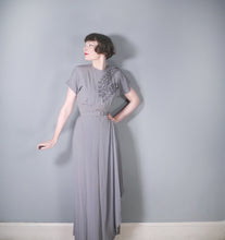 Load image into Gallery viewer, 40s DUBARRY GREY RAYON MAXI DRESS WITH FEATHER SEQUIN AND BEADS - S