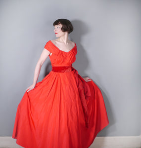 50s RED TAFFETA SUSAN SMALL PARTY DRESS WITH OFF SHOULDER HALTER AND VELVET STRAP - S