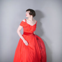 Load image into Gallery viewer, 50s RED TAFFETA SUSAN SMALL PARTY DRESS WITH OFF SHOULDER HALTER AND VELVET STRAP - S
