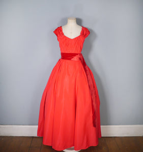 50s RED TAFFETA SUSAN SMALL PARTY DRESS WITH OFF SHOULDER HALTER AND VELVET STRAP - S