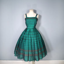 Load image into Gallery viewer, 50s 60s GREEN BLACK AND GOLD STRIPE FULL SKIRTED PARTY DRESS - S