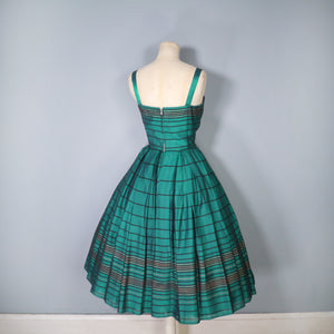 50s 60s GREEN BLACK AND GOLD STRIPE FULL SKIRTED PARTY DRESS - S