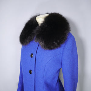 60s ITALIAN BLUE WOOL JACKET WITH FLUFFY BLACK FUR CUFFS AND COLLAR - S-M