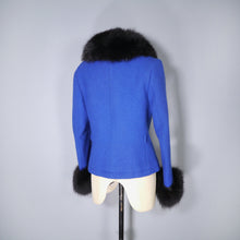 Load image into Gallery viewer, 60s ITALIAN BLUE WOOL JACKET WITH FLUFFY BLACK FUR CUFFS AND COLLAR - S-M