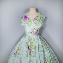 Load image into Gallery viewer, 50s 60s LIGHT BLUE GREEN FLORAL PRINT NYLON CIRCLE DRESS - S
