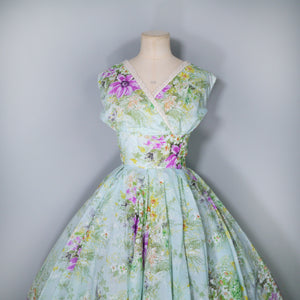 50s 60s LIGHT BLUE GREEN FLORAL PRINT NYLON CIRCLE DRESS - S
