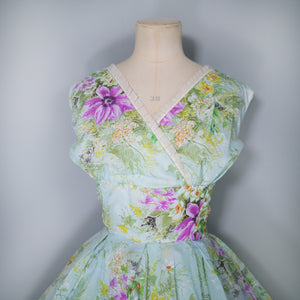 50s 60s LIGHT BLUE GREEN FLORAL PRINT NYLON CIRCLE DRESS - S