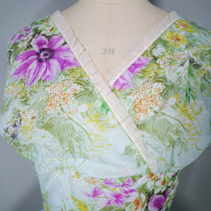 50s 60s LIGHT BLUE GREEN FLORAL PRINT NYLON CIRCLE DRESS - S