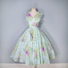 Load image into Gallery viewer, 50s 60s LIGHT BLUE GREEN FLORAL PRINT NYLON CIRCLE DRESS - S