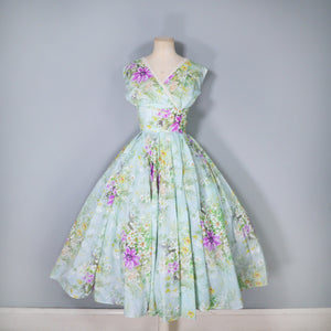50s 60s LIGHT BLUE GREEN FLORAL PRINT NYLON CIRCLE DRESS - S