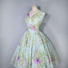 Load image into Gallery viewer, 50s 60s LIGHT BLUE GREEN FLORAL PRINT NYLON CIRCLE DRESS - S