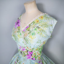 Load image into Gallery viewer, 50s 60s LIGHT BLUE GREEN FLORAL PRINT NYLON CIRCLE DRESS - S