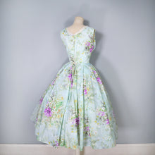 Load image into Gallery viewer, 50s 60s LIGHT BLUE GREEN FLORAL PRINT NYLON CIRCLE DRESS - S