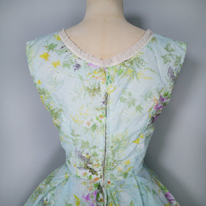 50s 60s LIGHT BLUE GREEN FLORAL PRINT NYLON CIRCLE DRESS - S