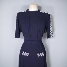 Load image into Gallery viewer, 40s CREPE DRESS WITH SCALLOPED BEADED SHOULDERS AND POCKETS - S