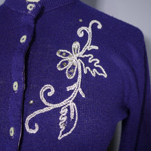 Load image into Gallery viewer, 50s DUPONT ORLON BLUE FINE KNIT CARDIGAN WITH SOUTACHE AND RHINESTONES - S