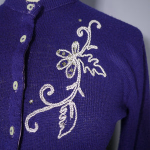 50s DUPONT ORLON BLUE FINE KNIT CARDIGAN WITH SOUTACHE AND RHINESTONES - S