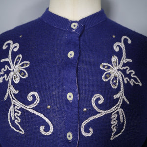 50s DUPONT ORLON BLUE FINE KNIT CARDIGAN WITH SOUTACHE AND RHINESTONES - S