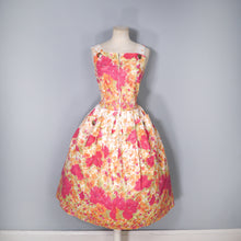 Load image into Gallery viewer, ORANGE AND RED FLORAL 50s 60s FULL SKIRTED SUN DRESS WITH BELT - M