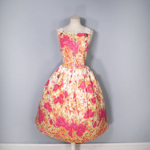 ORANGE AND RED FLORAL 50s 60s FULL SKIRTED SUN DRESS WITH BELT - M