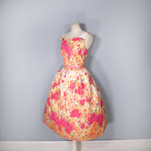 Load image into Gallery viewer, ORANGE AND RED FLORAL 50s 60s FULL SKIRTED SUN DRESS WITH BELT - M