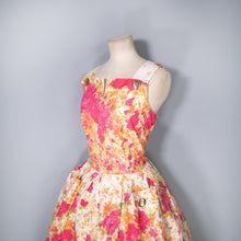 Load image into Gallery viewer, ORANGE AND RED FLORAL 50s 60s FULL SKIRTED SUN DRESS WITH BELT - M