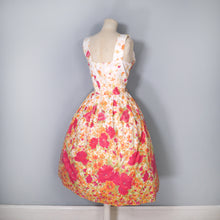 Load image into Gallery viewer, ORANGE AND RED FLORAL 50s 60s FULL SKIRTED SUN DRESS WITH BELT - M