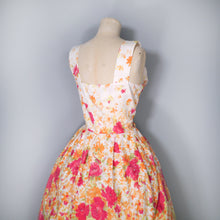 Load image into Gallery viewer, ORANGE AND RED FLORAL 50s 60s FULL SKIRTED SUN DRESS WITH BELT - M