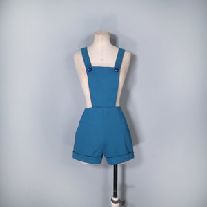 70s TEAL BLUE  PINAFORE DUNGAREE PLAYSUIT SHORTS ROMPER - S