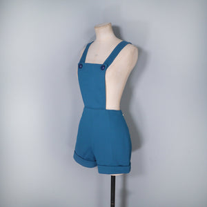 70s TEAL BLUE  PINAFORE DUNGAREE PLAYSUIT SHORTS ROMPER - S