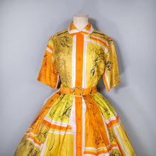 Load image into Gallery viewer, 50s BRIGHT ORANGE AND YELLOW ARTISTIC NOVELTY PRINT SILKY SHIRT DRESS - S
