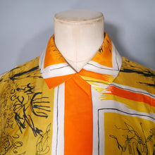 Load image into Gallery viewer, 50s BRIGHT ORANGE AND YELLOW ARTISTIC NOVELTY PRINT SILKY SHIRT DRESS - S