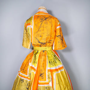50s BRIGHT ORANGE AND YELLOW ARTISTIC NOVELTY PRINT SILKY SHIRT DRESS - S